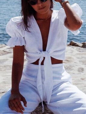 KAOA WHITE LINEN TIE FRONT PUFF SLEEVE CROP TOP XS/S SMALL